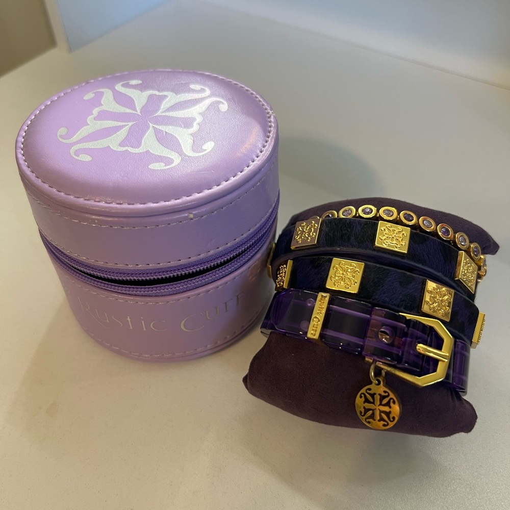 Rustic Cuff 3 Piece Purple Bracelet Set with Gold Accents